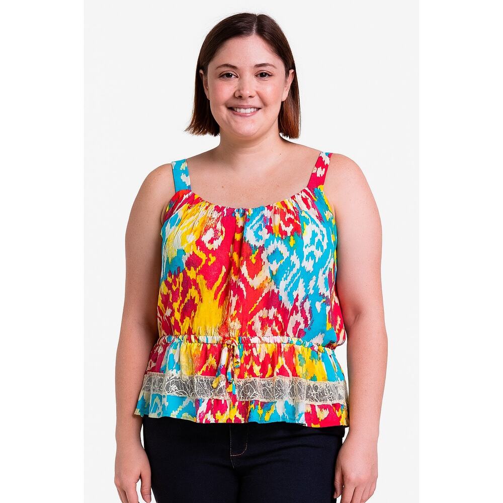 Hollywould Women's Sleeveless Peplum Blouse -Size Medium, Multicolor Ikat Print
